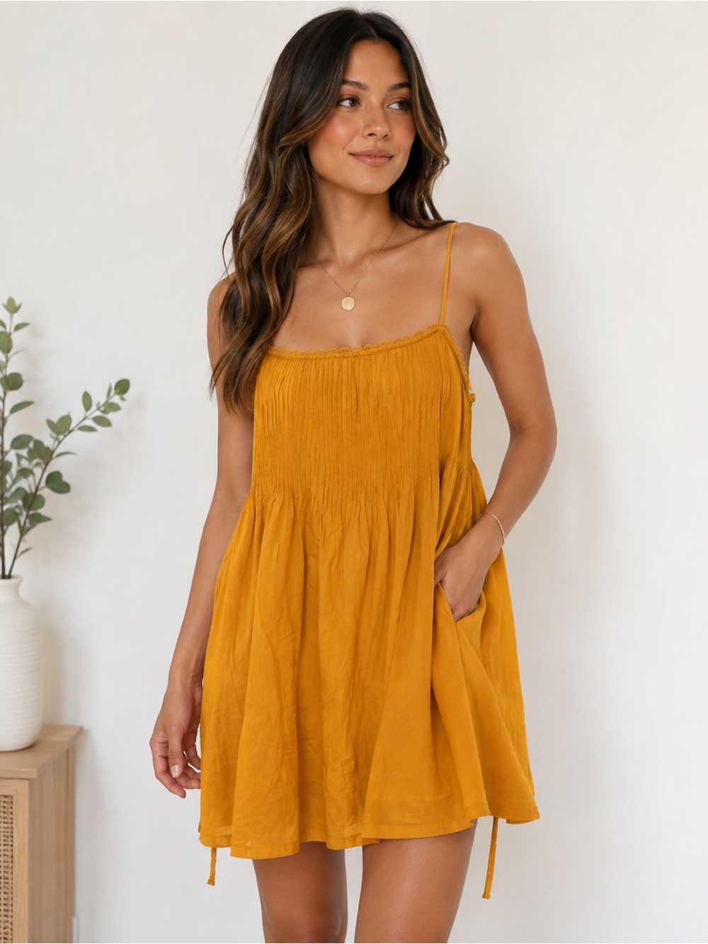 At Last Mustard Yellow Spaghetti Strap Mini Dress